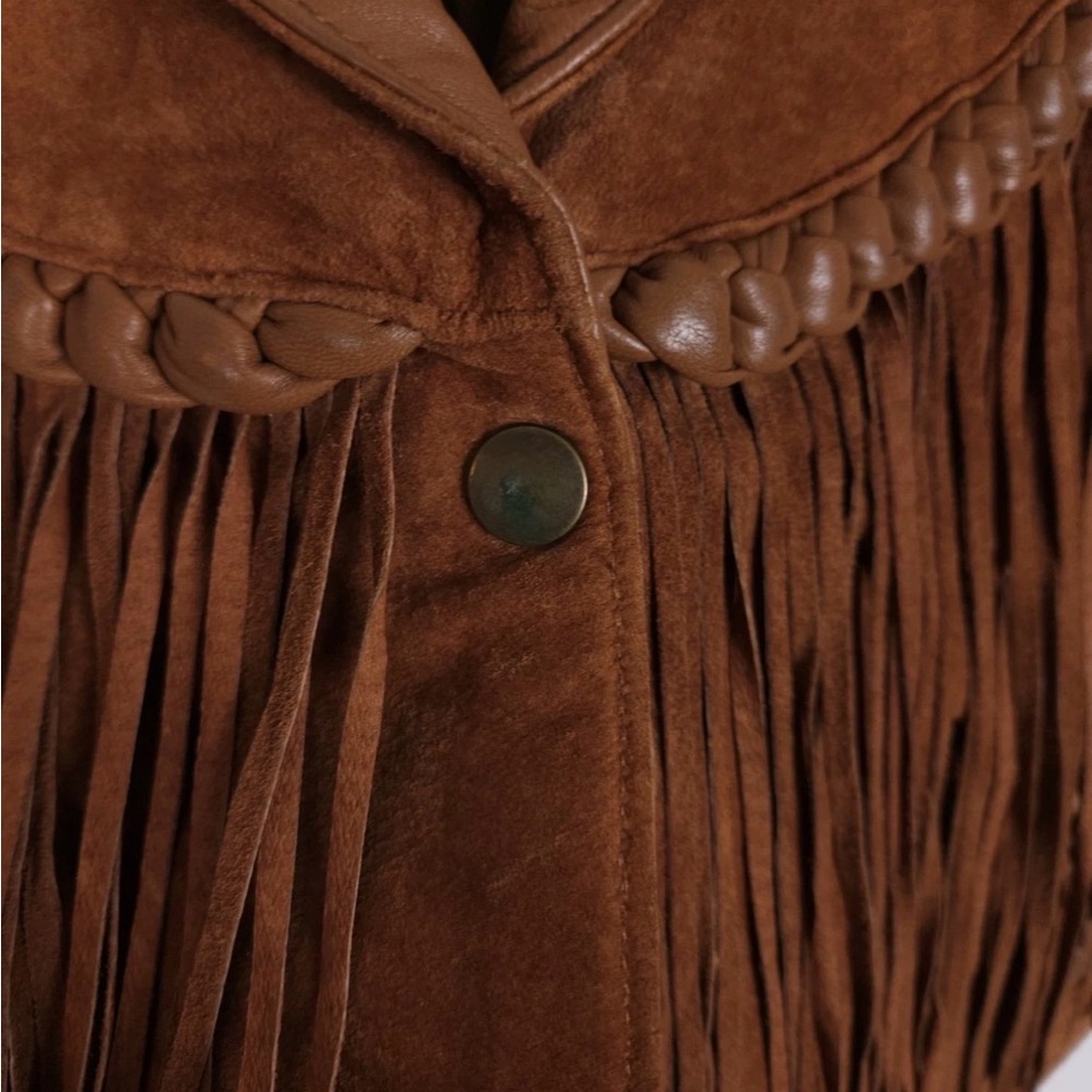 Vintage Diamond Leathers Size Large Brown Genuine Leather Fringe Snap-Up Jacket - Picture 5 of 9